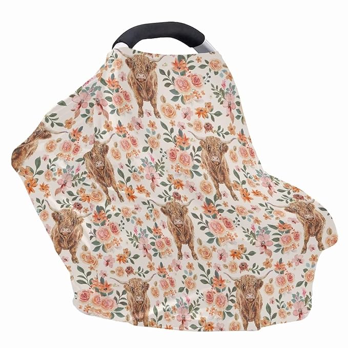 AFPANQZ Highland Cow Flowers Baby Car Seat Covers Cozy for Girls Boys Multifunctional Infant Car Seat Canopy Nursing Cover High Chair Cover Full Coverage Breathable Covers