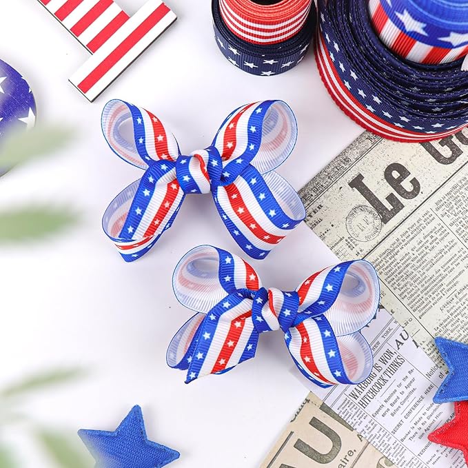 YanJie 4th of July 2pcs Hair Clips 3'' Blue Bow American Flag Hair Bows Baby Girls Clips Patriotic Hairgrips Hair Accessories Independence Day