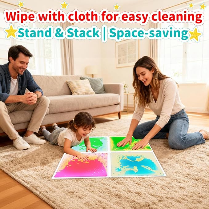 Sensory Floor Tiles Liquid for Kids: Motion Activity Play Mat 12x12 Inch Non-Toxic Anti-Slip Leakproof - 4 Colorful Pads Tactile Exploration & Visual Tracking Toys for Classroom/Autism Room