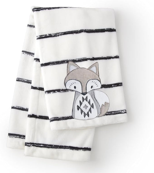 Levtex Baby - Bailey Plush Blanket - Appliqued and Embroidered Fox on Striped Plush - Charcoal, Taupe, White - Nursery Accessories - Blanket Size: 30 x 40 in.