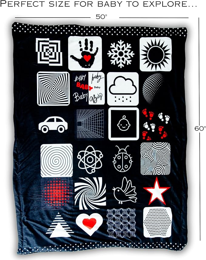 Baby Tummy Time Mat – High Contrast Black White Red Sensory Play Blanket for Newborn Visual Development, Infant Floor Play Area with Sherpa Backing, 50” x 60”