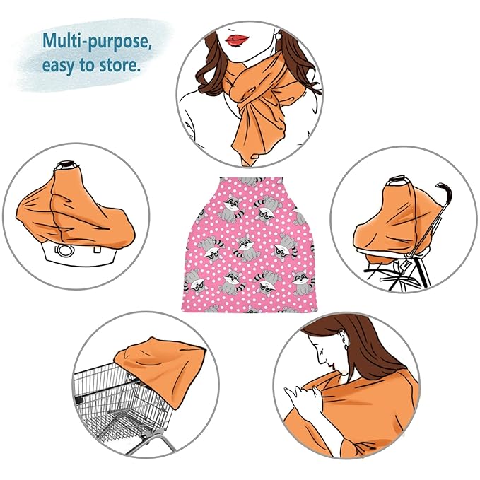 Cartoon Cute Raccoon Pink Polka Dot Pattern Stretchy Baby Car Seat Cover Infant Canopy Nursing Covers Breastfeeding Cover Breathable Windproof Winter Scarf for Boys Girls