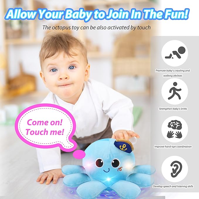 Musical Octopus Baby Toy - Crawling & Rotating Octopus Toy with Recording, Light-Up Voice Control, Clap Hands Awake for 2-6 Year Old Boys and Girls, Tummy Time Sensory Toy