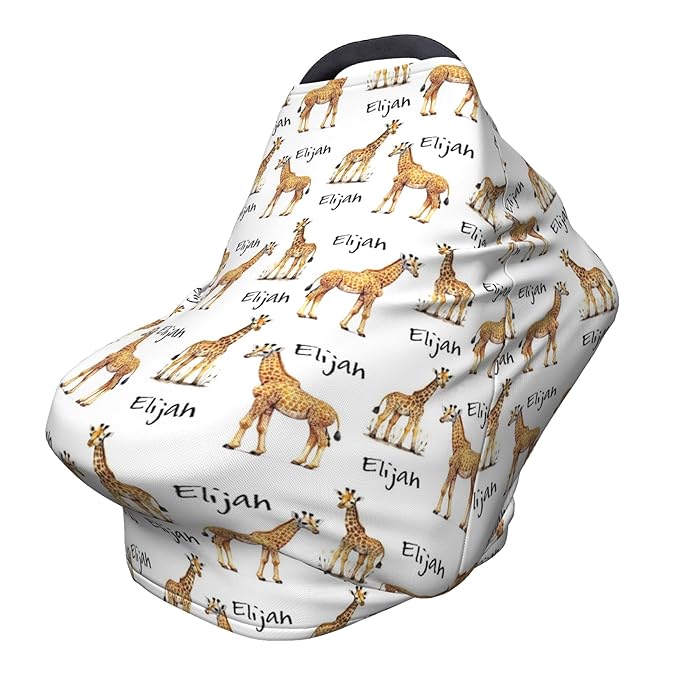 Personalized Giraffe Baby Car Seat Cover with Name,Multi-Use Canopy for Nursing, Strollers,Shopping Carts,Customized Breastfeeding Cover, Full Privacy,Infant Stroller Cover