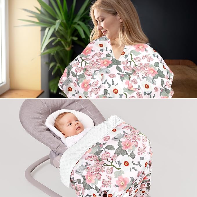TANOFAR Baby Carseat Canopy, Peekaboo Opening Car Seat Canopy for Babies, Soft and Breathable Infant Carrier Canopy, Multi-use Baby Carrier, Stroller, Nursing Cover, Minky Blanket, Retro Flower