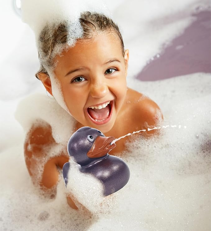 DolliBu Metallic Purple Duck Bath Buddy Squirter - Floating Purple Duck Rubber Bath Toy, Fun Water Squirting Bath Time Play for Toddlers, Animal Toy for Bathtub, Beach, and Pool for Girls and Boys