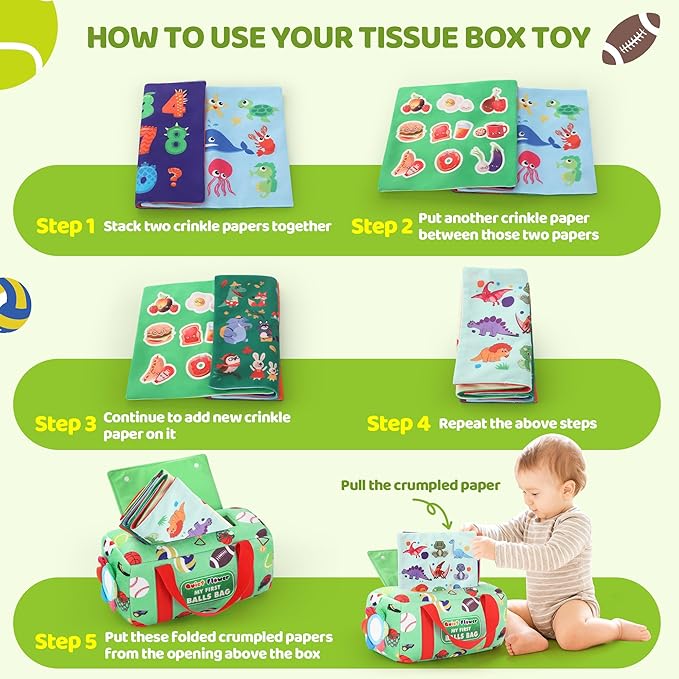 My First Sports Bag 6-12 Months Baby Tissue Box Toy, 17pcs Montessori Sensory Set: Plush Ball, Crinkle Paper, Scarves & Mirror, Squeaky Fine Motor 1 Year Old Infant Toddler Gifts Easter Basket Stuffer