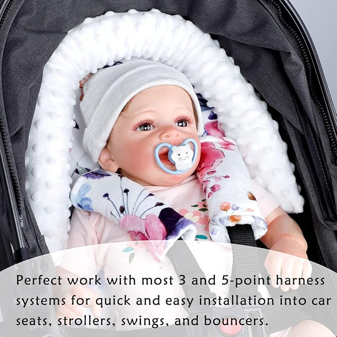 Pea Pod Baby Car Seat Head Support and Body Support with 2 Strap Covers, Ultra Soft Warm Minky Dot Fabric Backing, Baby Essential for Newborn, Stylish Floral Printed