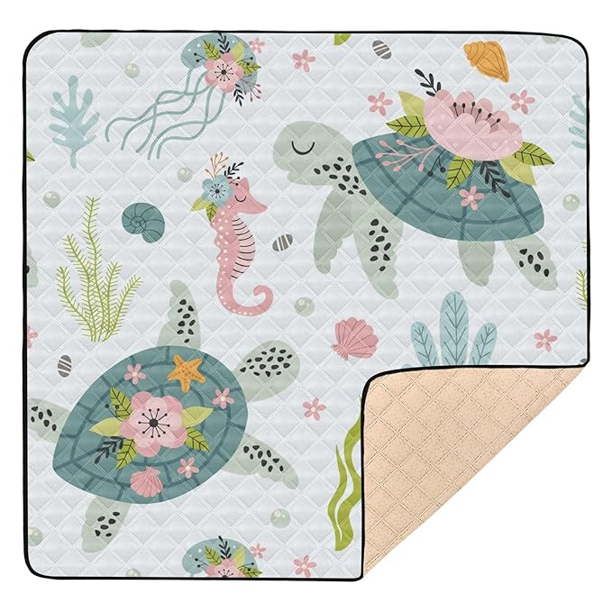 Baby Play Mat Turtle Sea Horse 50 x 50 Playpen Mat Baby Play Mats for Floor Play Gym Crawling Mat Non-Slip Cushioned Baby Playmat for Infants, Babies, Toddlers