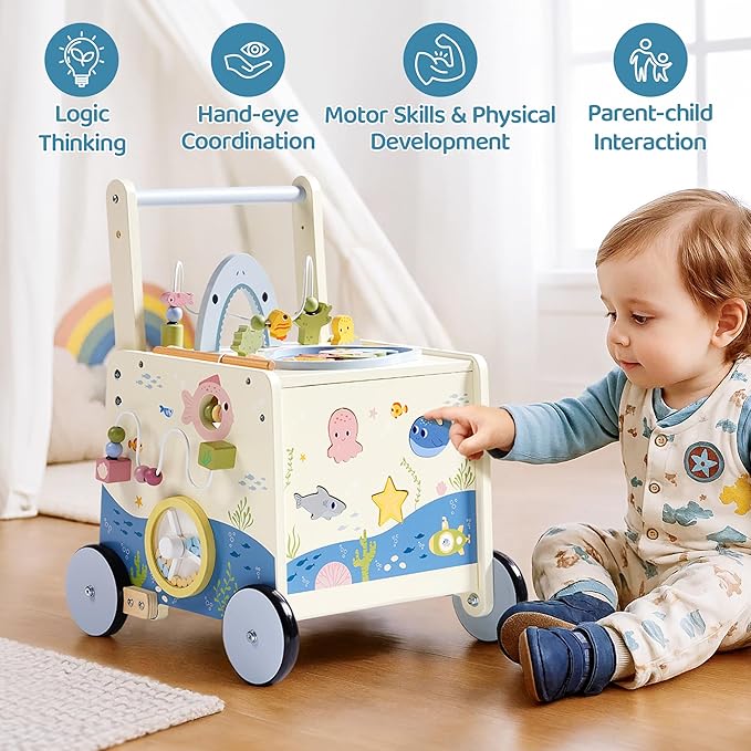 Wooden Baby Walker Push Toy for Toddlers 10M+ | Adjustable Height & Speed Control | Montessori Activity Center with Fishing Game, Music, Storage | Ocean World Theme Learning Walking Toy
