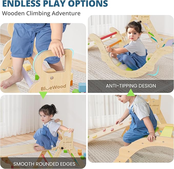 BlueWood Pikler Triangle Set, Toddler Wooden Climbing Toys Indoor 7in1 Foldable Climber for Kids, Montessori Philosophy Play Jungle Gym with Arch, Ramp, Ladder (Colorful Spring)