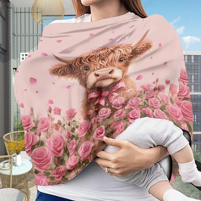 Wanyint Car Seat Covers for Babies Girls Boys, Stretchy Carseat Canopy Soft Baby Breastfeeding Nursing Scarf Infant Stroller Cover for Valentine's Day, Highland Cow Rose Pink