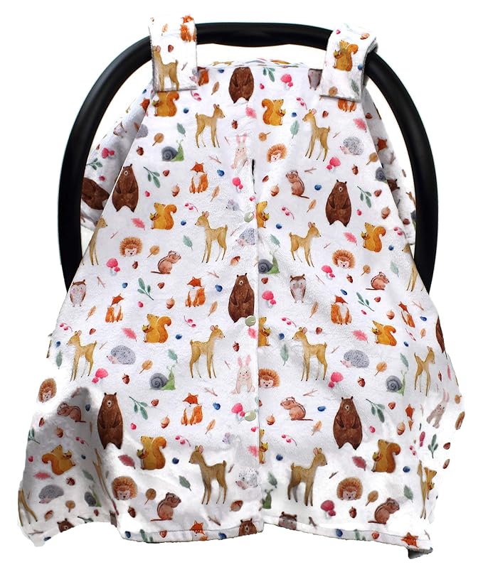Dear Baby Gear - Baby Car Seat Canopy - Infant Car Seats Covers - Carseat Canopies for Boys & Girls - Toddler Carseat Cover w/Snap Opening (Dainty Forest Animals Nuts and Berries, Light Gray 40"x30")