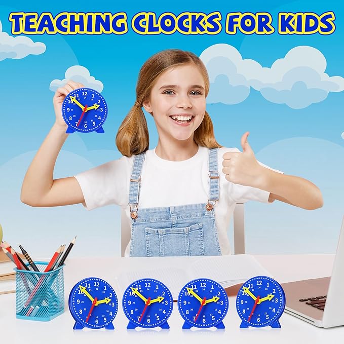 Batiyeer 24 Pcs Teaching Clock Kit for Kids to Tell Time Teaching Mini Geared Clock for Kids Basic Math Development Teacher and Classroom Supplies, 4 Inch (Dark Blue)