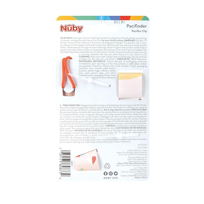 Nuby Pacifinder Baby Pacifier Clip - (2-Pack) - Pacifier Holder Clip with Convenient Hook Loop - Peach Stripes and Hearts