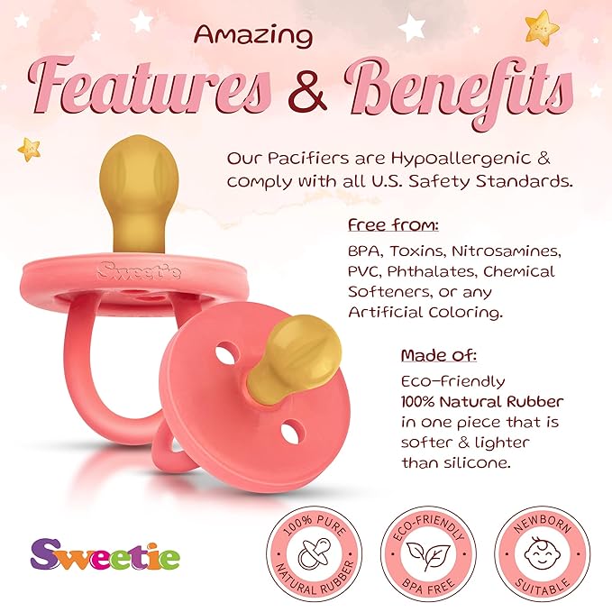 SWEETIE Rubber Pacifier Natural Rubber Pacifier Rounded Pink (Pink, 0-6 Month)
