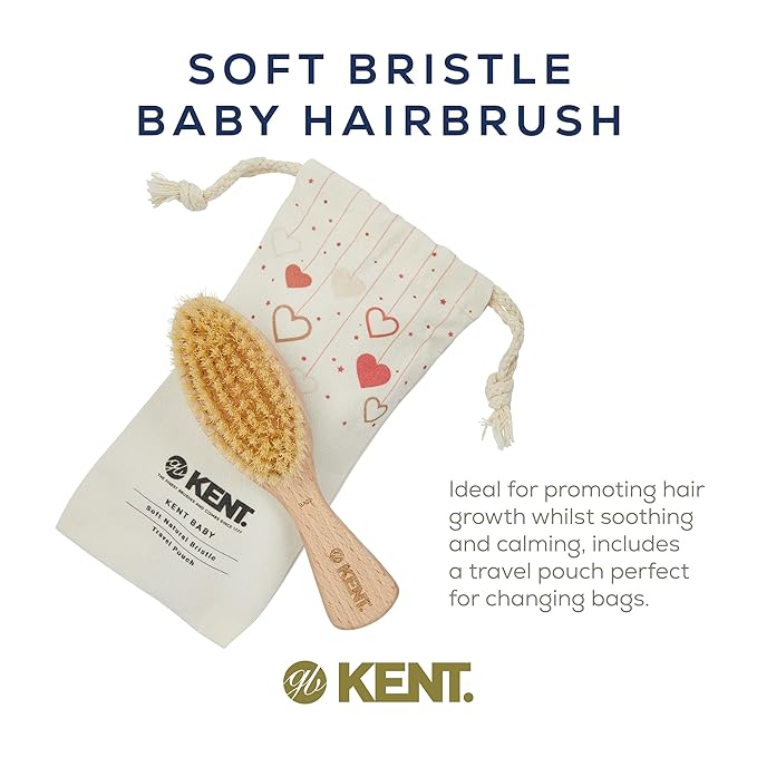 Kent BA29 Cradle Cap Baby Hair Brush with Soft Natural Bristles and Travel Pouch - Baby Essentials for Newborn Hair Brush Made in England