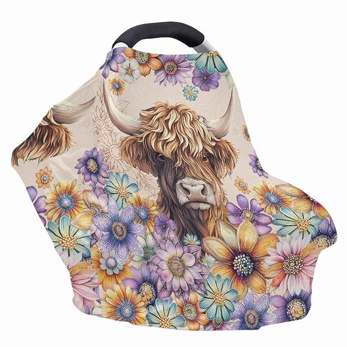 Highland Cow Carseat Cover for Babies, Dahlia Floral Breathable Infant Carseat Cover for Baby Girl Carrier Cover, Shopping Cart Cover for Baby