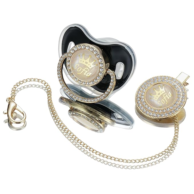 Sparkling Bling Custom Baby Pacifiers and Clips/Holder Kit with Name Personalized with Rhinestones for Boy and Girl Baby Shower (Black)