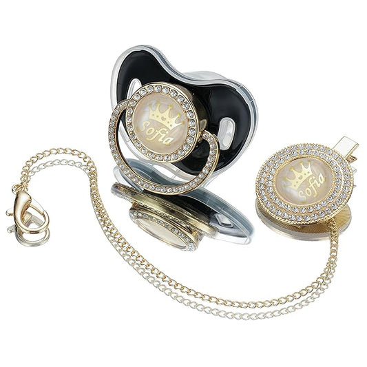 Sparkling Bling Custom Baby Pacifiers and Clips/Holder Kit with Name Personalized with Rhinestones for Boy and Girl Baby Shower (Black)