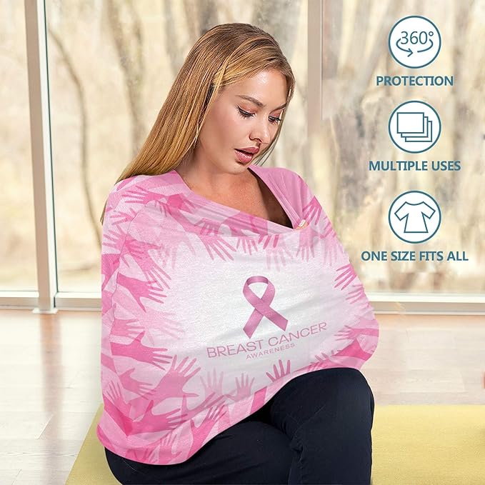 Breast Cancer Awareness with Pink Ribbon in Circle Hands Design Stretchy Baby Car Seat Cover Infant Canopy Nursing Covers Breastfeeding Cover Breathable Windproof Winter Scarf for Boys Girls