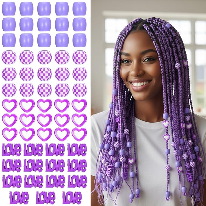 TIESOME 60 Pcs Large Hair Beads, Purple Resin Big Beads For Hair With Puller Tool, Braid Loc Dreadlock Bead For Girls Kids Women, Easy To Thread For Ponytail, Braids, Hairs Jewelry Accessories