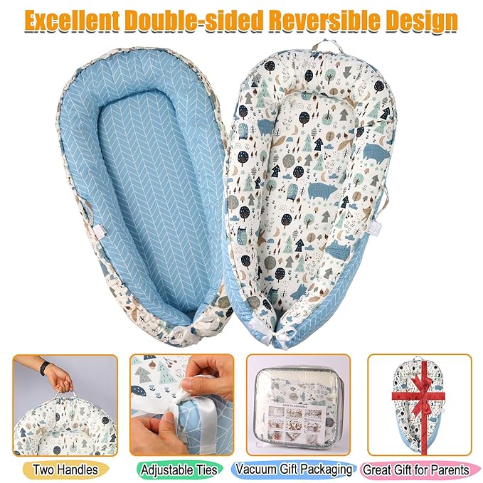 Baby Lounger - Baby Lounger for Newborn, 0-24 Months, Reversible Adjustable Newborn Lounger Baby Nest for Home and Travel, 100% Organic Cotton Washable Infant Lounger Cover, Essential Baby Gift (Blue)