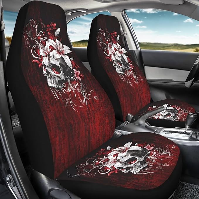 Skull Car Seat Covers for Front Seat Waterproof Car Seat Cover Protection Interior Accessories Easy to Install and Clean Universal for Cars Truck SUV Van