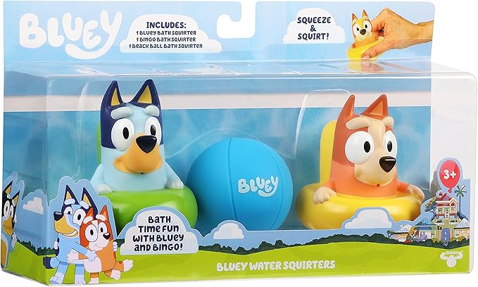 Bluey Bath Squirter Toys Pack of 3, Lightweight Floating Water Toy Set with Bingo and Beach Ball, Squeezable Bath Toys for Toddlers and Kids, Ages 3+