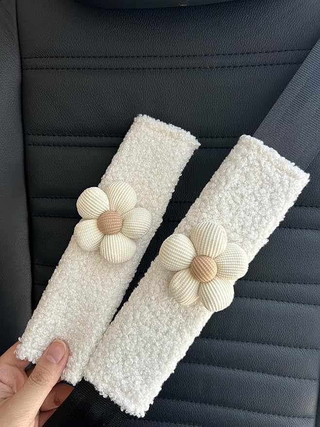 BNTR Car Seat Belt Cover 2PCS Stocking Stuffers Cute Creative Toy Flower Cloud Duck Safety Seatbelt Shoulder Pad Auto Accessory Protector Seatbelt Shoulder Protector Nice Gift (2-Pack Simple White)