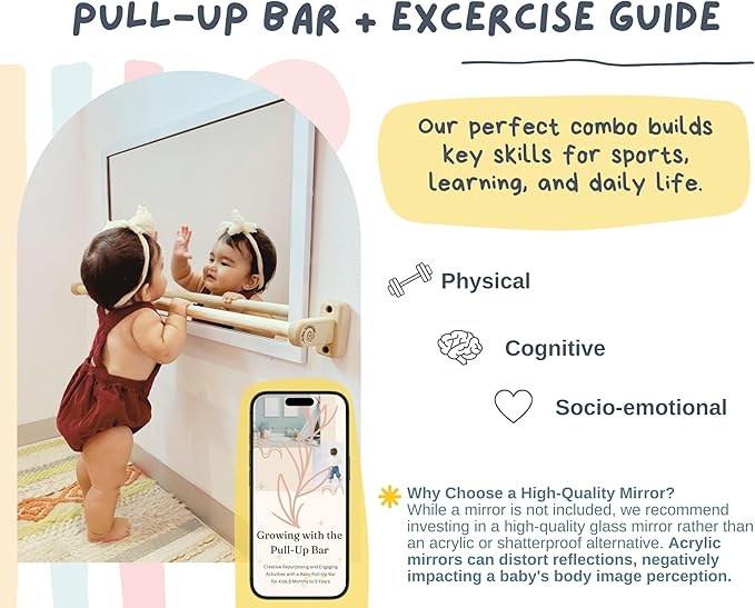 32.5 in. Long Montessori Pull Up Bar for Babies | Excercise Guide, Hand-Made, Assembled, Quality Wooden Toy Bar for Infants, Ballet Bar for Toddlers.