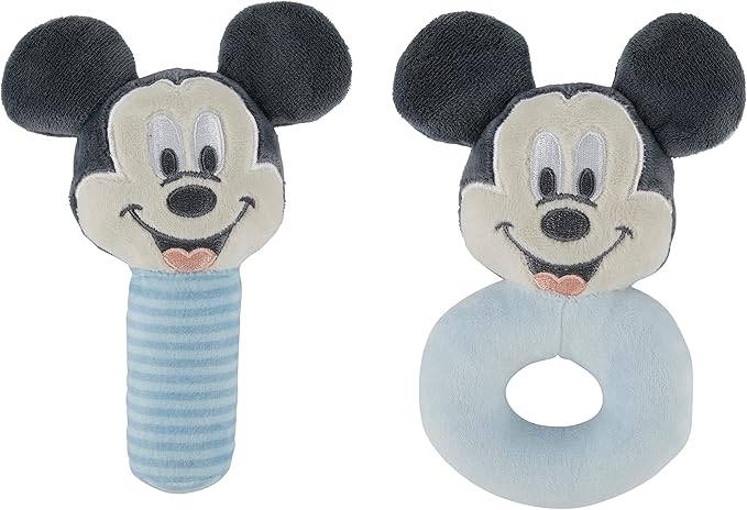 Disney Mickey Mouse Assorted Plush Lovie Rattle Set Pack of 2 - Soft and Cuddly Plush Material, Built-in Rattle for Sensory Stimulation,Vibrant Colors and Intricate Details