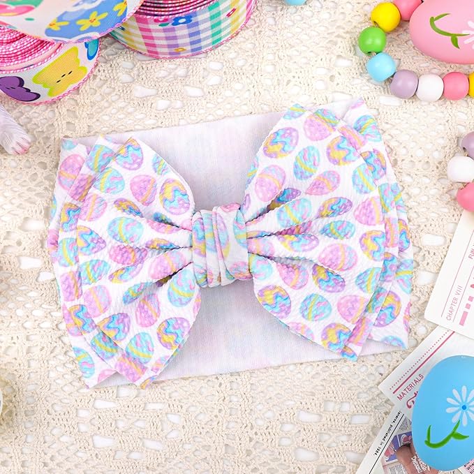 YanJie 7" Easter Headbands Egg Bows Headbands Girls Newborn Infant Nylon Hairbands Bunny Headband Easter Hair Accessories White Purple Party Costume