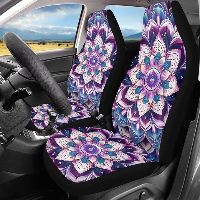 Purple Mandala Waterproof Car Seat Cover Anti-Slip Back Fabric Automobile Front Seat Covers Easy to Install All-Season Protection Universal Vehicle Accessories