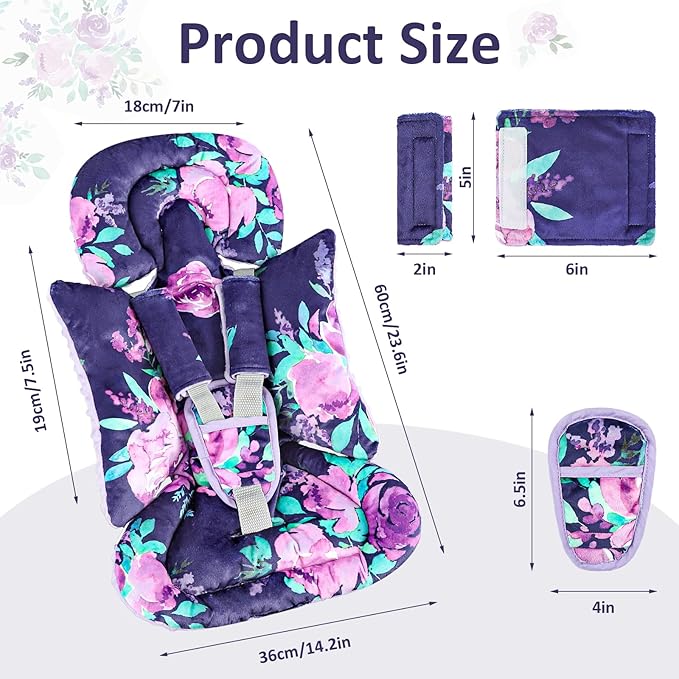TANOFAR Car Seat Head Support Baby - Infant Car Seat Insert for Newborn Girls Boys - Soft Carseat Head Support for Infant - Newborn Carseat Insert for Car Seats, Strollers, Swings (Purple Floral)