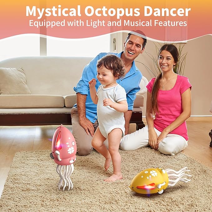 Interactive Dancing Octopus Toy,LED Light-Up Music Crawling Squid with Smart Obstacle Avoidance & Fishing Rod,Tummy Time Baby Toy,Musical Toy for 3 4 5 6 Year Old Boys and Girls(Yellow)