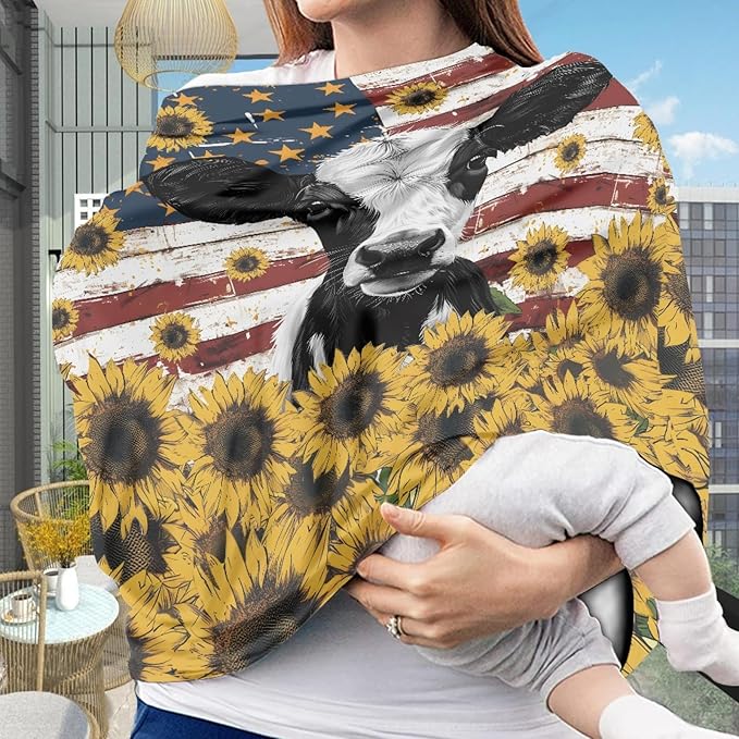 Wanyint US Flag Cow Print Car Seat Covers for Babies Car Seat Canopy for Boys Girls,Windproof Infant Carseat Canopy Cover Nursing Cover for Breastfeeding