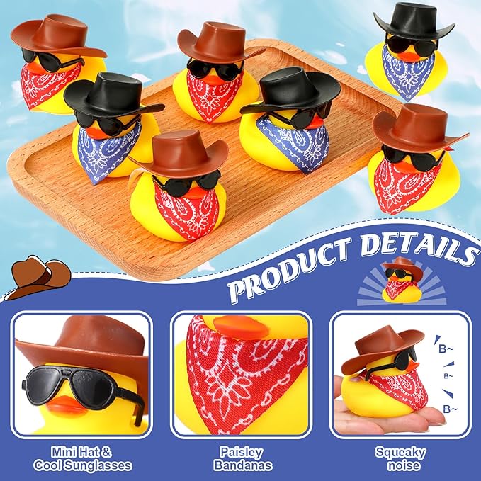 Sosation 24 Set Cowboy Rubber Duck Bulk Mini Yellow Duckies Party Tiny Ducks Toy with Cowboy Hat Paisley Bandanas Sunglasses for Birthday Party Favor(Vintage Style)