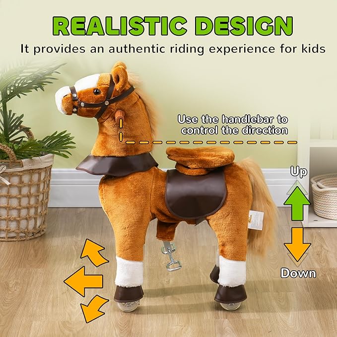 Qaba Ride on Horse, Walking Horse Toy, Kids Plush Riding Horse, Pony with Wheels & Neighing Sound for 3-5 Years Old up to 132 Pounds, Brown