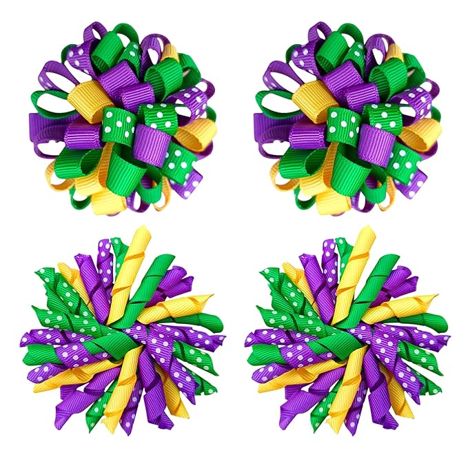 Mardi Gras Korker Hair Bows 3'' Girls Curly Corker Bow Alligator Clips Purple Yellow Green Grosgrain Ribbon Fireworks Flowerball Accessories Kids Favor Gift