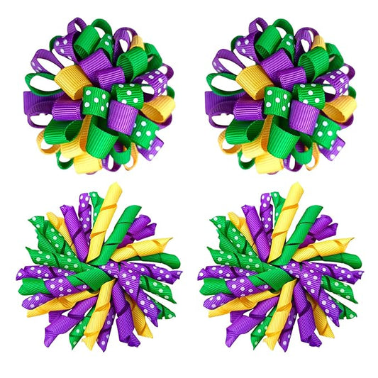 Mardi Gras Korker Hair Bows 3'' Girls Curly Corker Bow Alligator Clips Purple Yellow Green Grosgrain Ribbon Fireworks Flowerball Accessories Kids Favor Gift