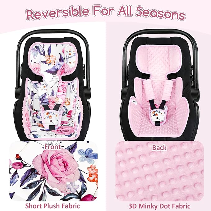 Infant Car Seat Insert with 3 Straps Covers, Ultra-Thick Baby Car Seat Head Support for Side Impact Protection, Minky Dot Baby Car Seat Cushion, Universal Pink Carseat Head Support for Newborn