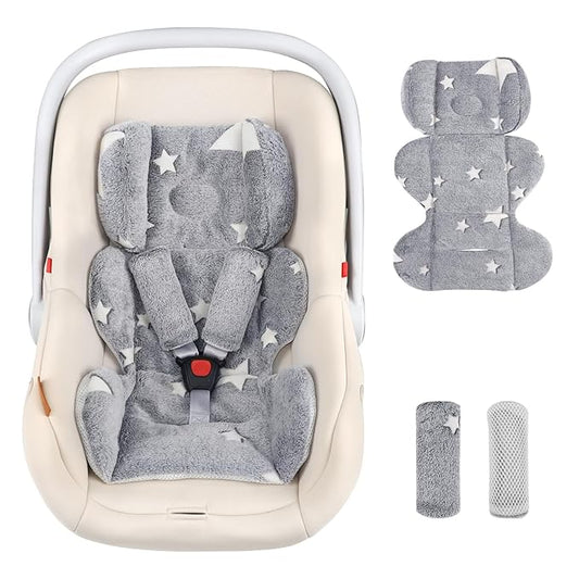Infant Car Seat Insert Boys Girls, Soft Flannel Baby Head Support & 2 Strap Pads, Preemie Newborn Carseat Cushion Reversible & All Season for Stroller, Baby Swing, Rocker, Bassinets, Bouncer Gray Star