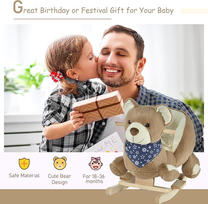Qaba Baby Rocking Horse with Lullaby, Ride On Horse, Bear Themed Plush Animal Rocker with Pedals for Ages 18-36 Months, Easy to Assemble
