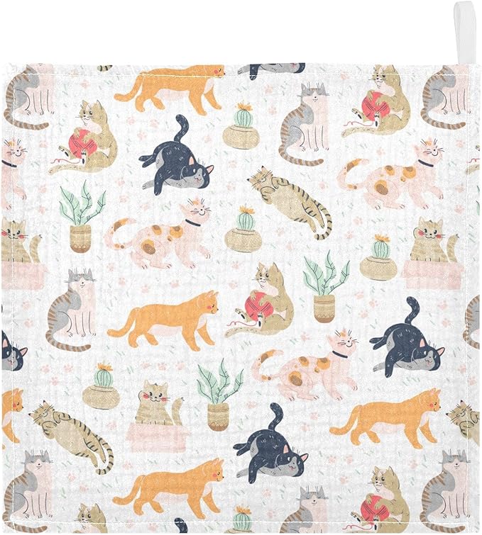 vvfelixl Baby Washcloths Cotton Funny Cats Cactus Baby Muslin Washcloths Soft Baby Face Towel for Newborn Infants Baby Wipes, 11.8 X 11.8 Inch, 5 Pack