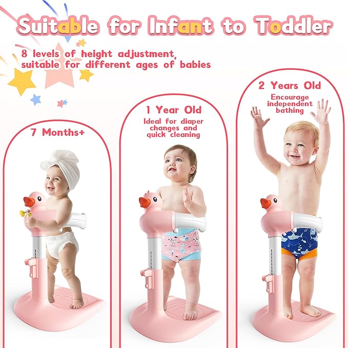 JUNEU Baby Shower Stand, Adjustable Height Baby Bath Stand with Enlarged Anti-Slip Base, Toddler Shower Standing Support, Soporte para Bañera de Bebe, Ideal Gift for Infant 6–36 Months (Pink Duck)