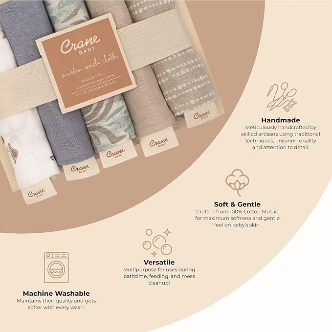 Crane Baby Wash Cloth Set, 100% Cotton, Set of 5 Baby Washcloths, Sea Life Starfish Theme, Newborn Muslin Baby Washcloths, Baby Registry Gift