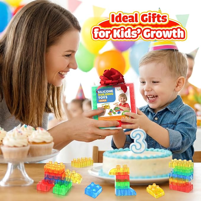 LESONG Sensory Building Toys for Toddlers: 24PCS Squeezable Silicone Stacking Toys – Early Learning Construction Playset for Preschool Manual Skills, Birthday Gifts