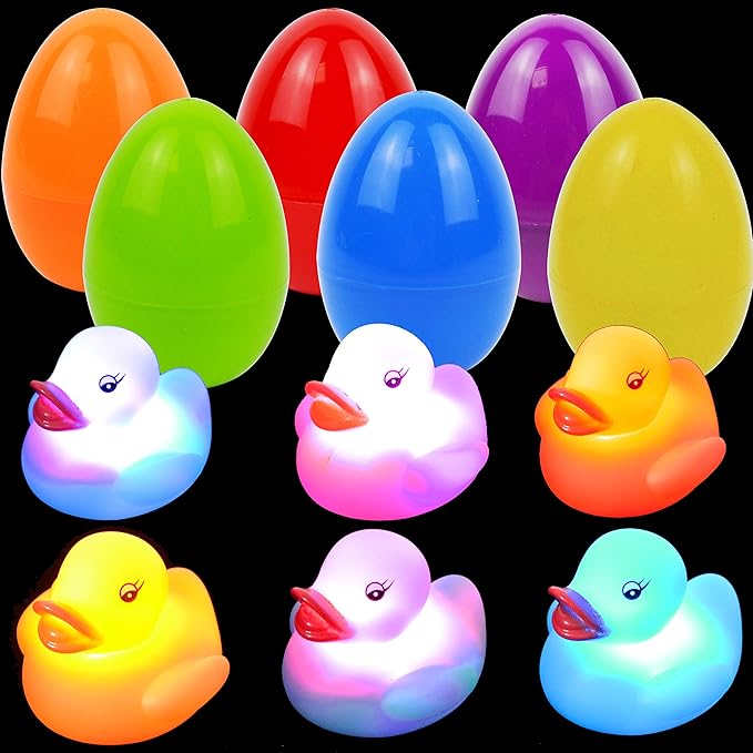 JOYIN 6 Pcs Pre-Filled Easter Eggs with Light-up Floating Duck Bath Toys for Kid Toddlers Easter Eggs Hunt, Basket Stuffers/Fillers, Filling Treats, Party Favor, Classroom Prize Supplies
