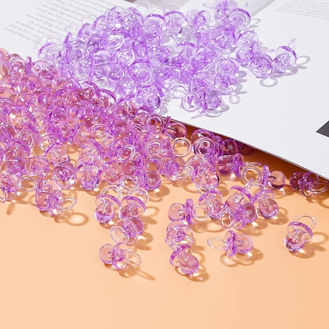 XINHUIDALSQ 150 Mini Acrylic Pacifiers for Baby Shower Girl Game, 0.86 Inch Bulk Chupones para Gender Reveal Party Favors Table Decoration (Purple)